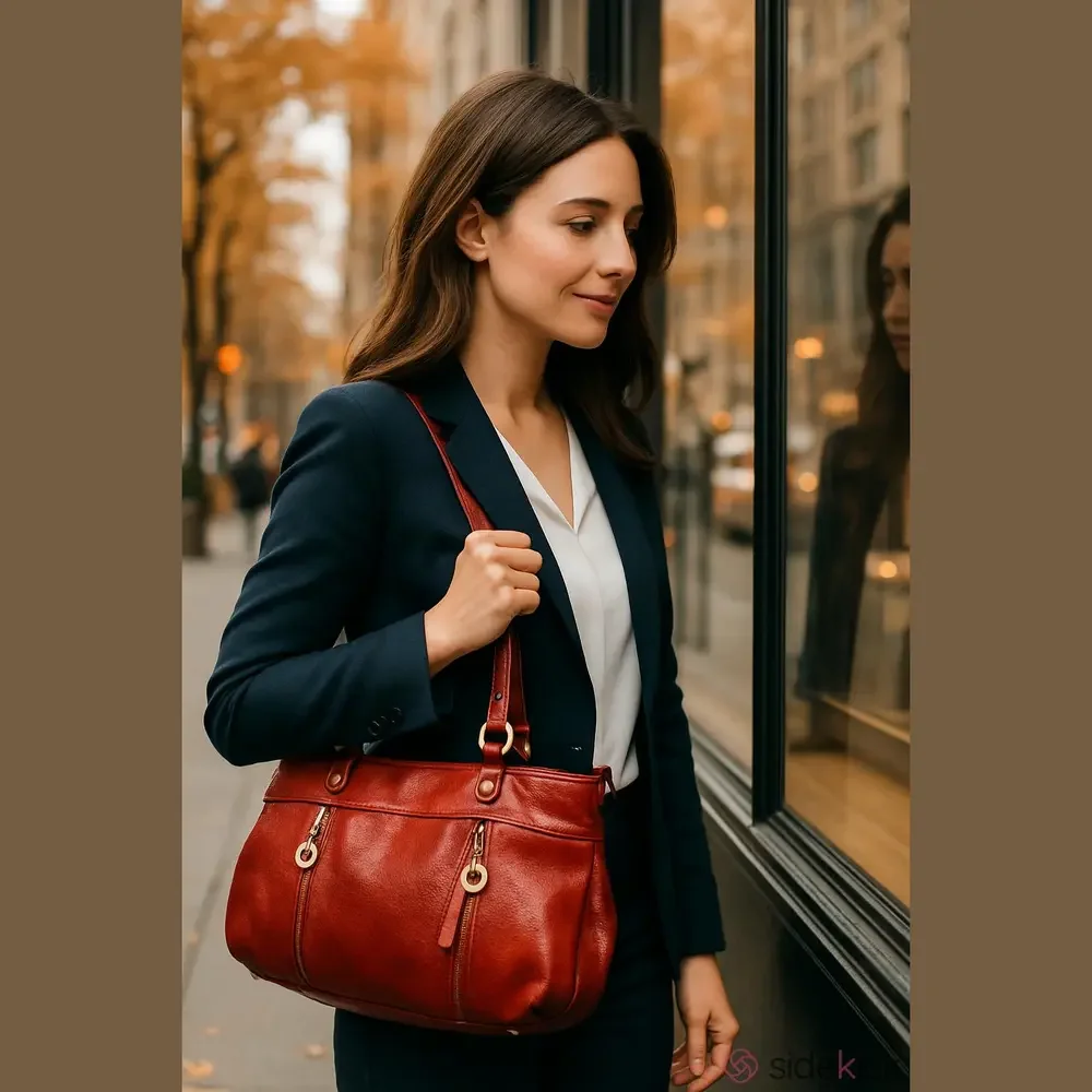 Hidesign East West Shoulder Bag Leather 3 Zip-Top Gusseted Pockets Marsala